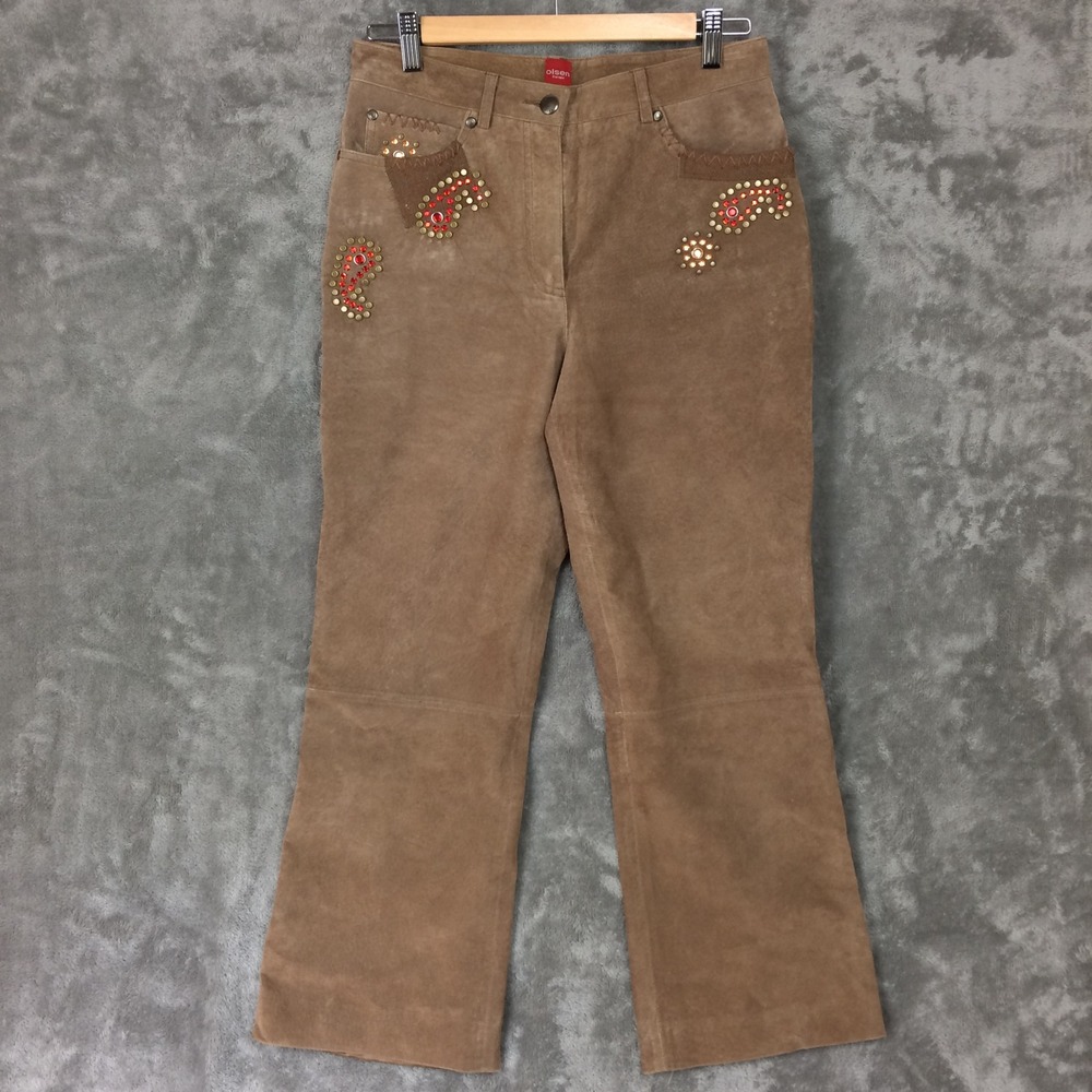 Olsen Europe Suede Pants Womens 6 Brown Leather Studded Paisley UK Made